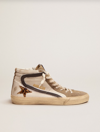 Golden Goose Slide with leopard print pony skin star and black flash