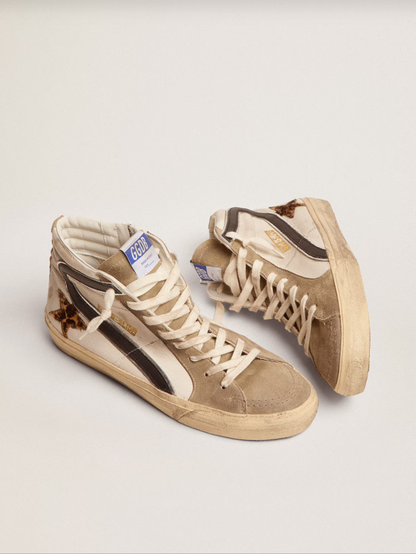 Golden Goose Slide with leopard print pony skin star and black flash