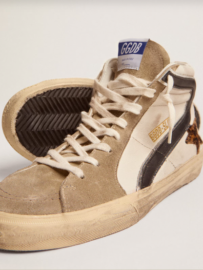 Golden Goose Slide with leopard print pony skin star and black flash