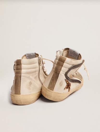 Golden Goose Slide with leopard print pony skin star and black flash