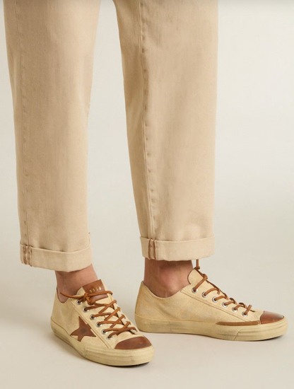 Golden Goose V-Star in cream canvas with tobacco leather star