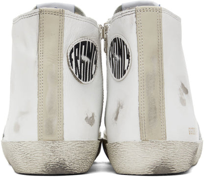 GOLDEN GOOSE حذاء سنيكرز فرانسي كلاسيك طويل الرقبة أبيض وفضي