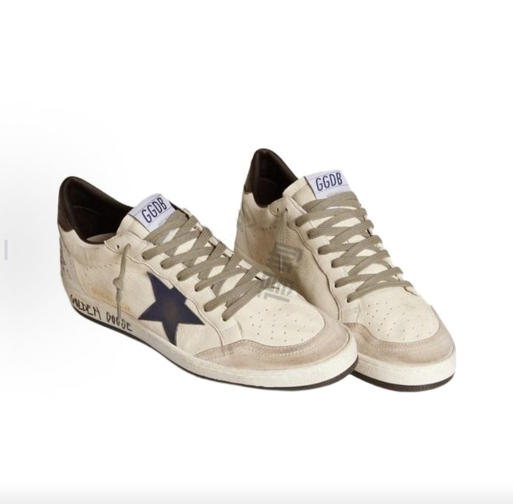 Golden Goose Ball Star sheepskin leather black tail graffiti star pattern round toe lace-up low-top sneakers for men (white)