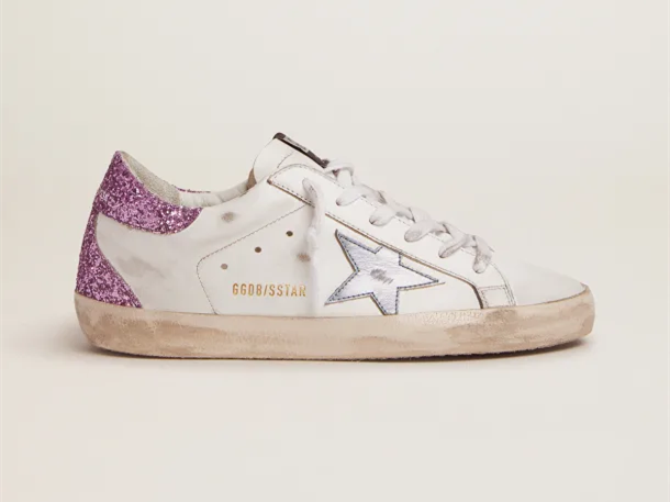 GOLDEN GOOSE Super-Star sneakers with lavender glitter heel tab and light-blue metallic leather star