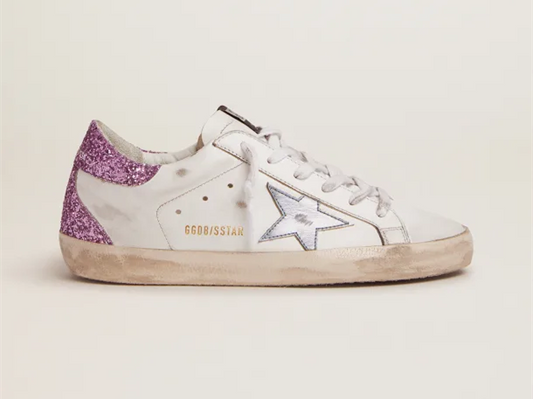 GOLDEN GOOSE Super-Star sneakers with lavender glitter heel tab and light-blue metallic leather star