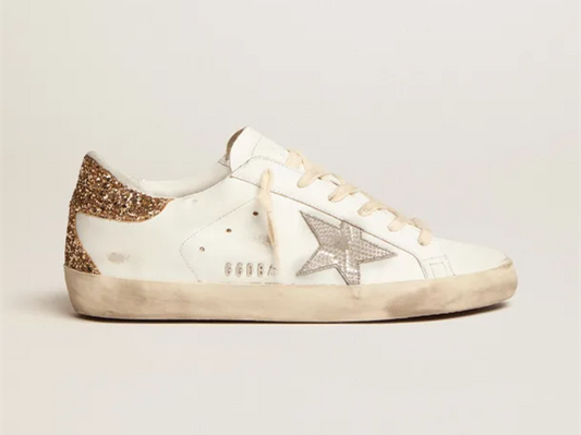 GOLDEN GOOSE Super-Star sneakers with snake-print silver leather star and gold glitter heel tab