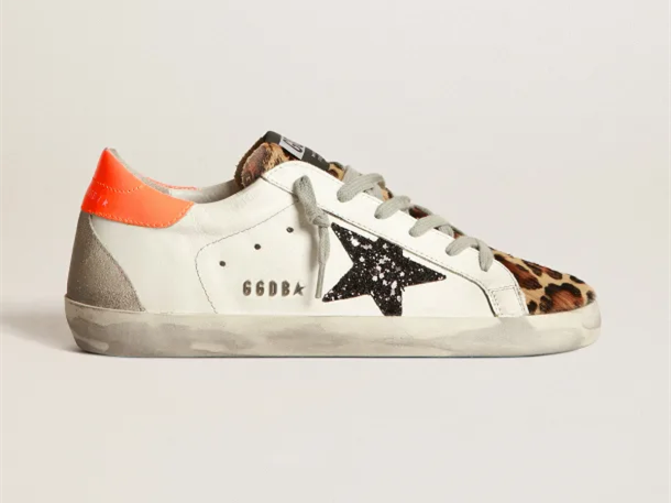 GOLDEN GOOSE Super-Star sneakers with leopard-print insert, glittery star and orange heel tab