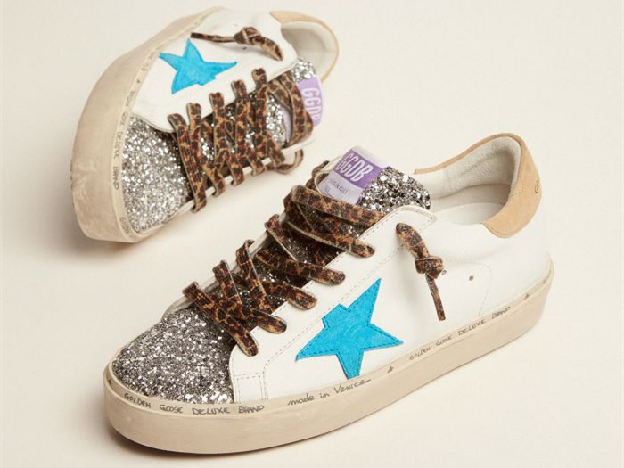 GOLDEN GOOSE Hi Star LTD sneakers with silver glitter tongue and cyan-blue suede star