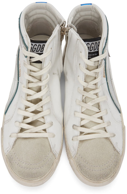 حذاء GOLDEN GOOSE رياضي كلاسيكي عالي الرقبة من الجلد الأبيض والشمواه طراز Slide