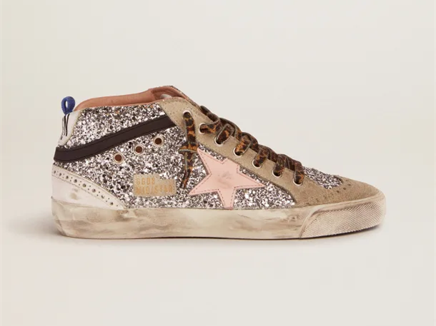 GOLDEN GOOSE Mid Star sneakers with silver glitter upper and pale pink star