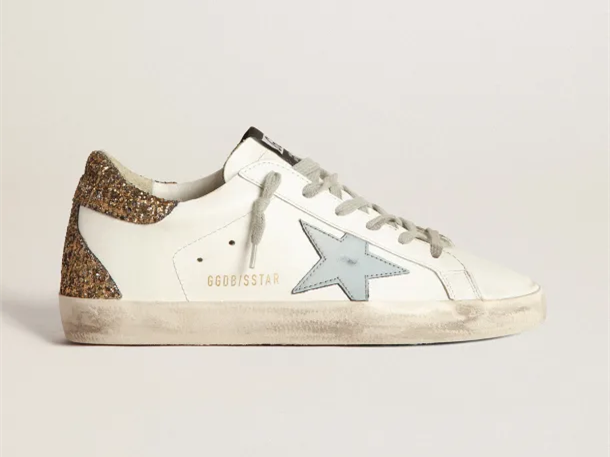 GOLDEN GOOSE Super-Star sneakers with light blue leather star and gold glitter crocodile-print heel tab