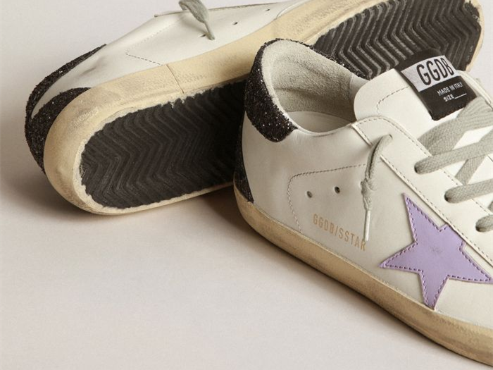 GOLDEN GOOSE Super-Star sneakers with lilac leather star and purple glitter crocodile-print heel tab