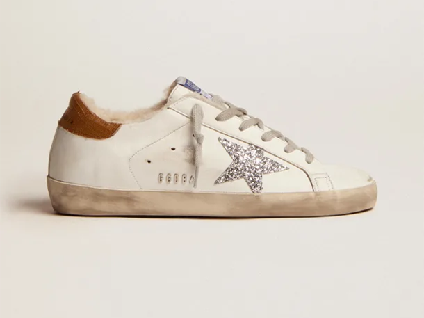 GOLDEN GOOSE Super-Star sneakers with shearling lining, silver glitter star and lizard-print dove-gray leather heel tab