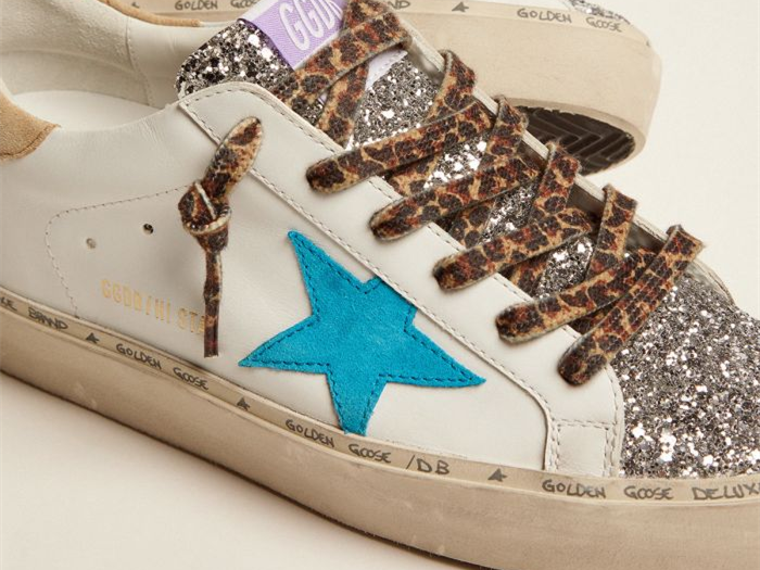 GOLDEN GOOSE Hi Star LTD sneakers with silver glitter tongue and cyan-blue suede star