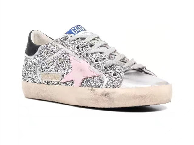 GOLDEN GOOSE Women's Super-Star in silver leather with pink star