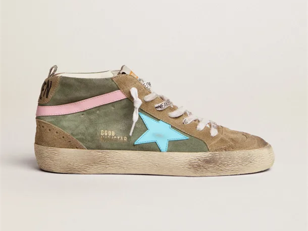 GOLDEN GOOSE Mid Star LTD sneakers in military green suede with sky-blue leather star and pink leather flash