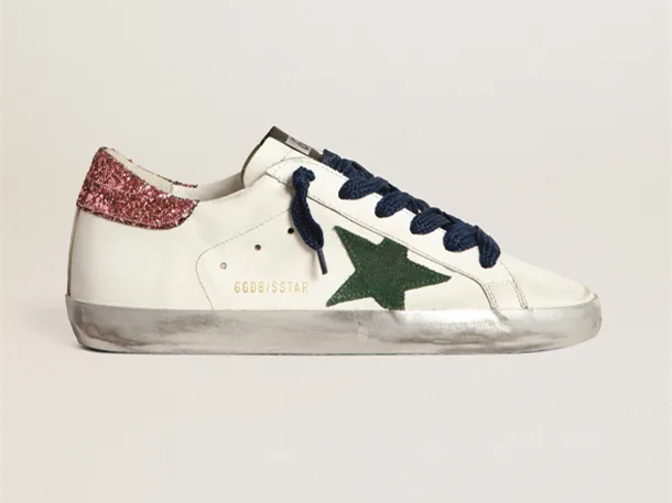 GOLDEN GOOSE Super-Star sneakers with green suede star and pink glitter heel tab