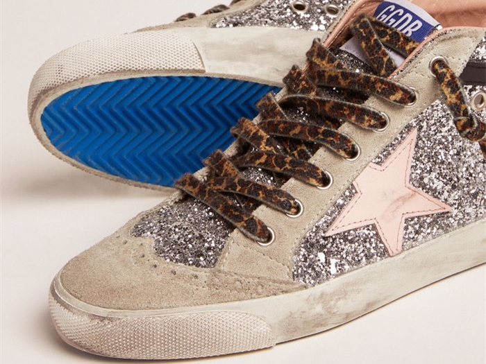 GOLDEN GOOSE Mid Star sneakers with silver glitter upper and pale pink star