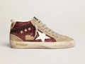 GOLDEN GOOSE Mid Star sneakers in burgundy glitter with dove-gray suede inserts and white leather star