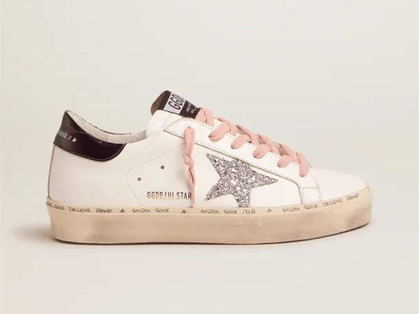 GOLDEN GOOSE White Hi-Star sneakers with glittery star and pink laces