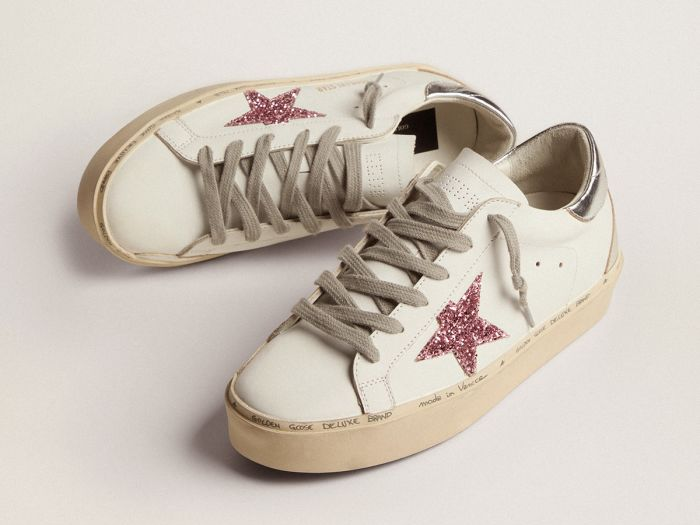 GOLDEN GOOSE Hi Star sneakers with silver laminated leather heel tab and pink glitter star