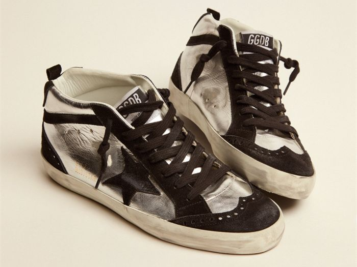 GOLDEN GOOSE Mid Star LTD sneakers in silver laminated leather and black suede