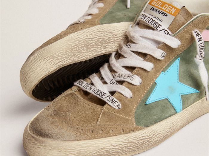 GOLDEN GOOSE Mid Star LTD sneakers in military green suede with sky-blue leather star and pink leather flash