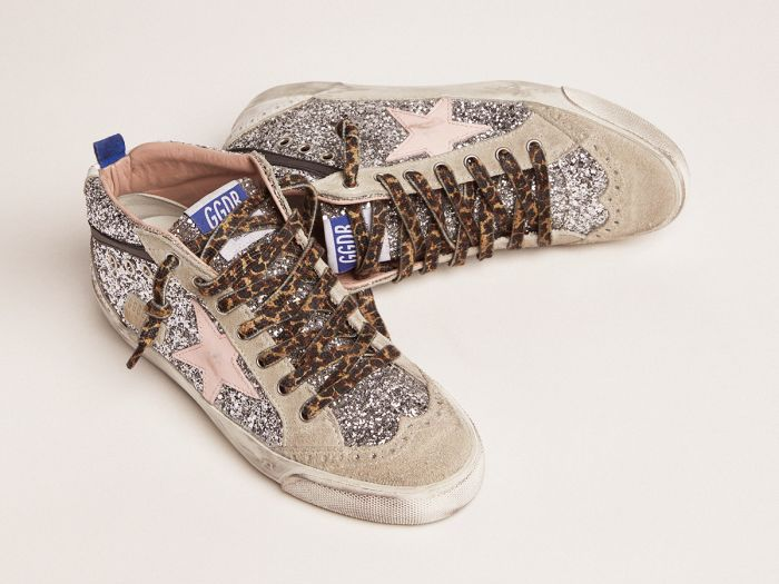 GOLDEN GOOSE Mid Star sneakers with silver glitter upper and pale pink star