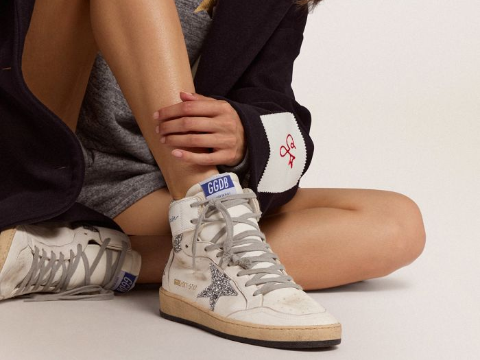 GOLDEN GOOSE Sky-Star sneakers with signature on the ankle and silver glitter inserts
