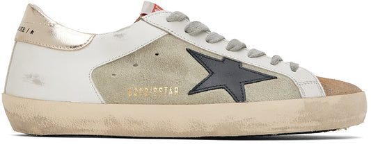 GOLDEN GOOSE White & Green Super-Star Double Quarter Low-Top Sneakers
