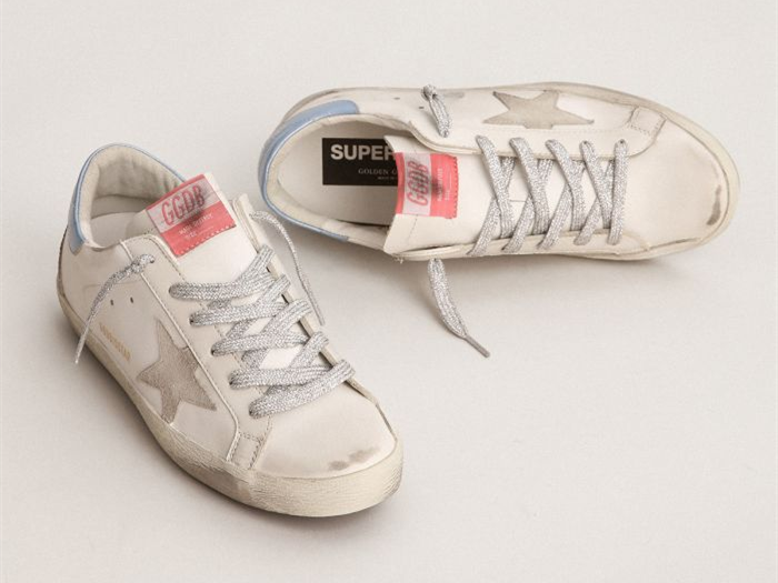 GOLDEN GOOSE Super-Star sneakers with sky-blue laminated leather heel tab and ice-gray suede star