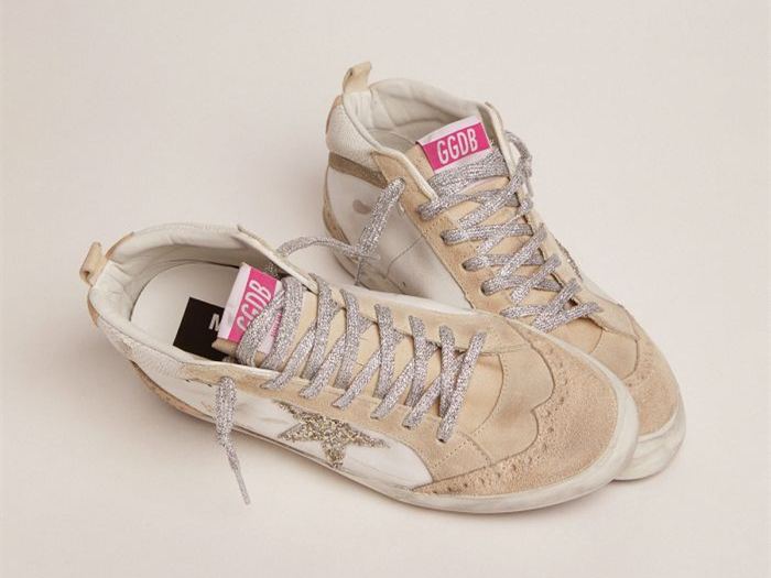 GOLDEN GOOSE Mid Star LTD sneakers with light green glitter star and snake-print leather insert