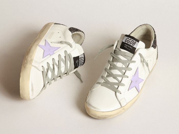 GOLDEN GOOSE Super-Star sneakers with lilac leather star and purple glitter crocodile-print heel tab
