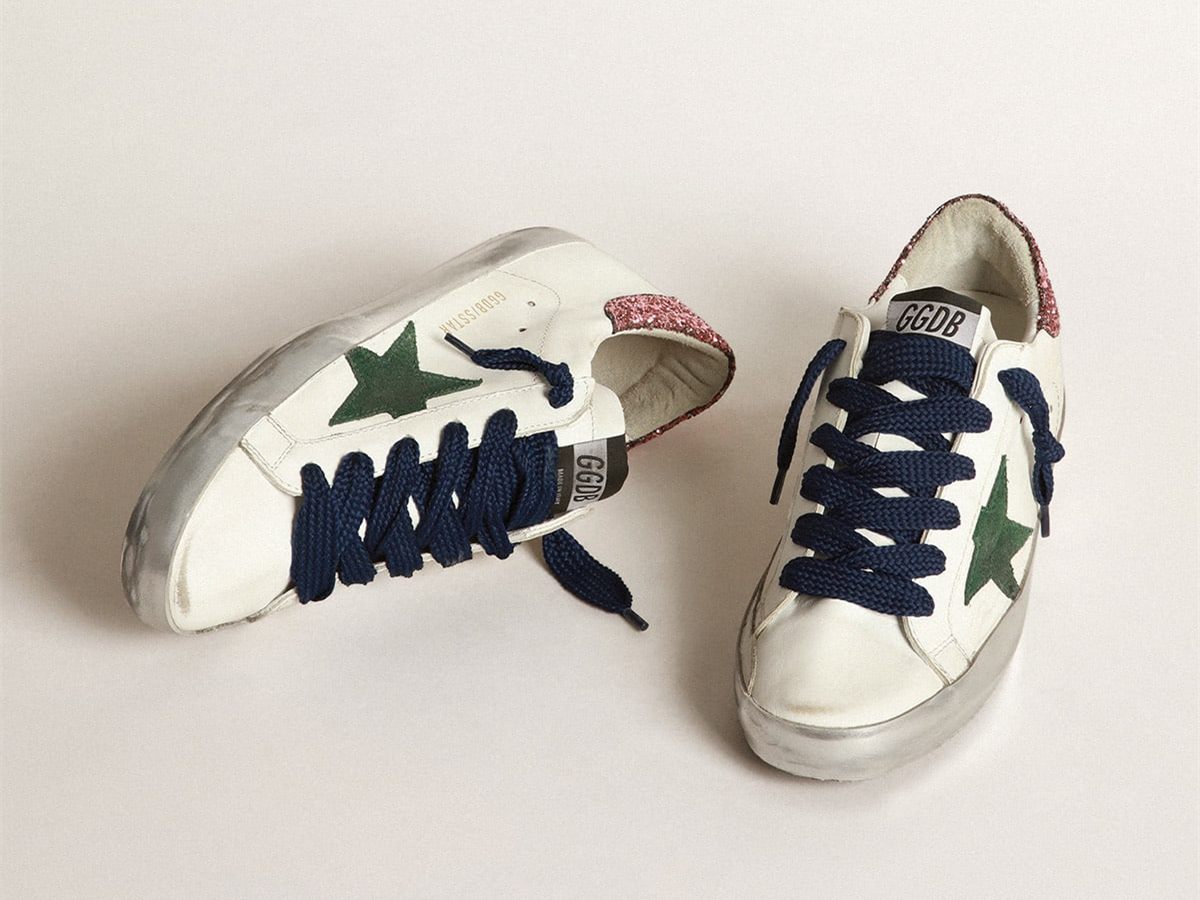 GOLDEN GOOSE Super-Star sneakers with green suede star and pink glitter heel tab