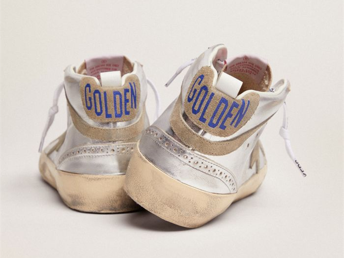 GOLDEN GOOSE Mid Star sneakers in silver metallic leather with star and flash in dove-gray suede