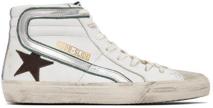 حذاء GOLDEN GOOSE رياضي كلاسيكي عالي الرقبة من الجلد الأبيض والشمواه طراز Slide