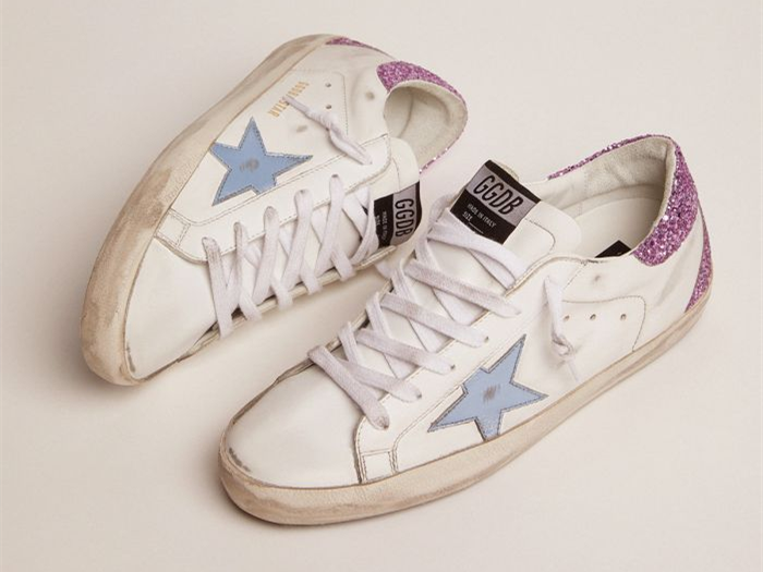 GOLDEN GOOSE Super-Star sneakers with lavender glitter heel tab and light-blue metallic leather star